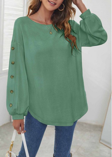 Decorative Button Sage Green Long Sleeve T Shirt