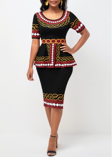 Tribal Print Round Neck Deep Red Peplum Waist Dress