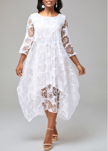 Floral Print Mesh Stitching Sheer Asymmetric Hem White Dress