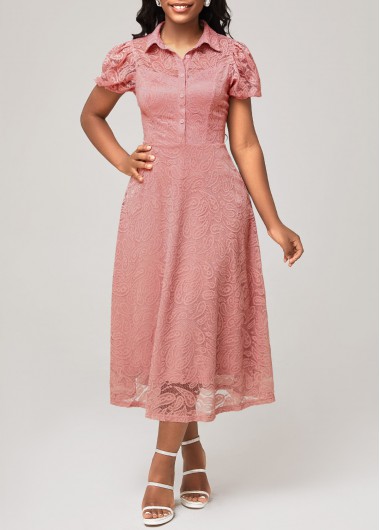 Dusty Pink Lace Short Sleeve Turndown Collar Dress