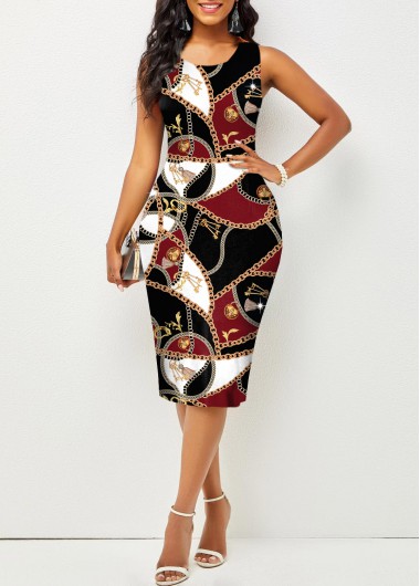 Contrast Printed Sleeveless Round Neck Bodycon Dress