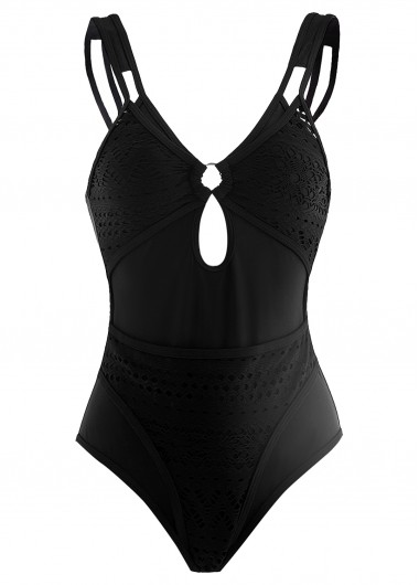 ROTITA Black Metal Ring Detail Lace Patchwork One Piece Swimwear