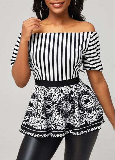 ROTITA Tribal Print Black Striped Off Shoulder Blouse