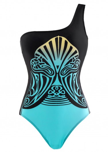 ROTITA Tribal Print Wide Strap Black One Piece Swimwear