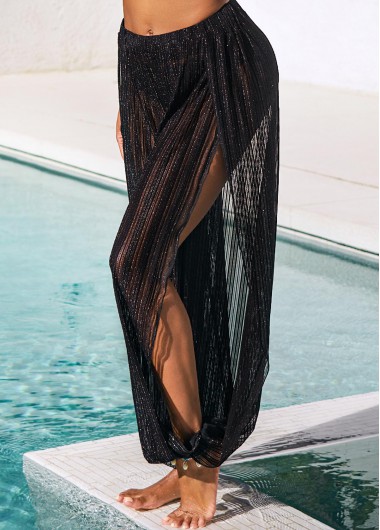 Side Slit Glitter Fabric Stitching Black Beach Pants