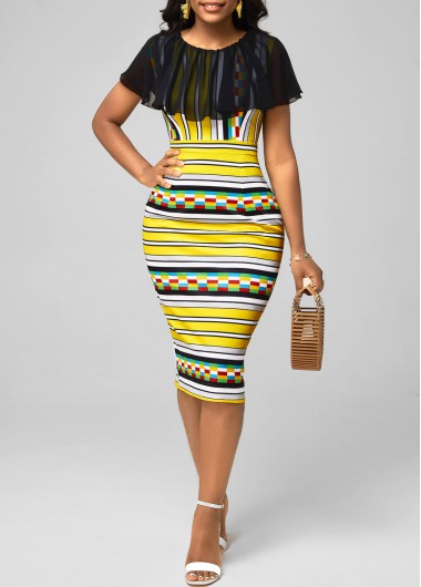 Striped Chiffon Panel Multi Color Bodycon Dress