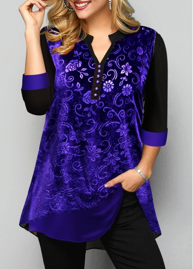ROTITA Purple Velvet Burnout Split Neck Blouse