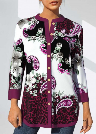 ROTITA Purple Floral and Paisley Print Split Neck Blouse