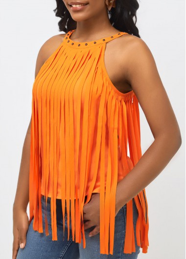 Orange Bib Neck Tassel Sleeveless Tank Top