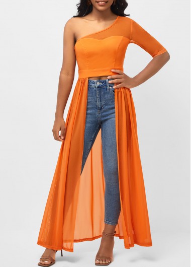 Fabric Stitching Skew Neck Orange Blouse