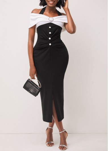 Off Shoulder Black Contrast Decorative Button Dress