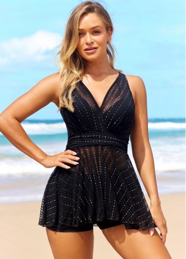 Mesh Black Glitter Fabric Stitching Swimdress Top
