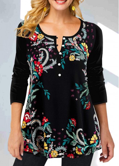 Floral Print Split Neck Black Long Sleeve Blouse
