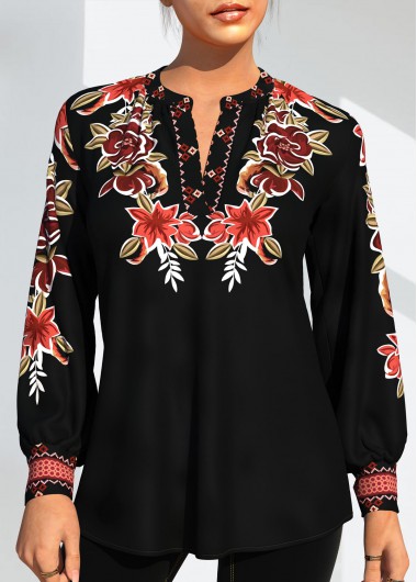 ROTITA Tribal Print Black Long Sleeve Blouse