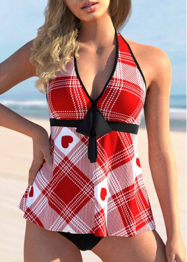Valentines Plaid and Heart Print Red Halter Tankini Top