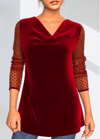 ROTITA Red Velvet Stitching Valentines Polka Dot T Shirt