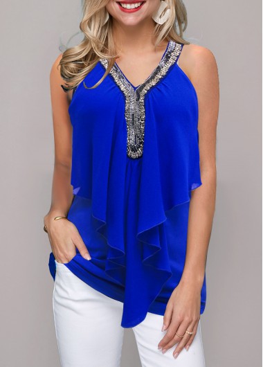 ROTITA Embellished Neck Royal Blue Flounce Sleeveless T Shirt