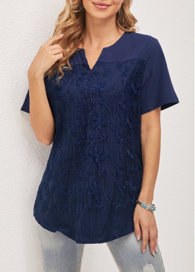 Mesh Stitching Navy Blue Split Neck T Shirt