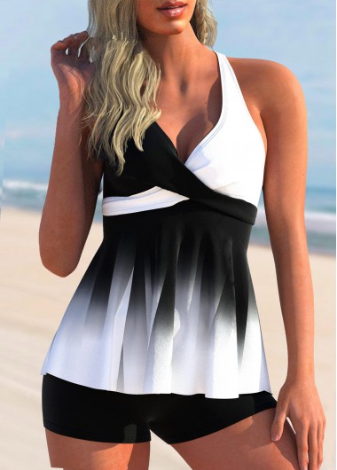 Color Block Cross Front Ombre Tankini Top