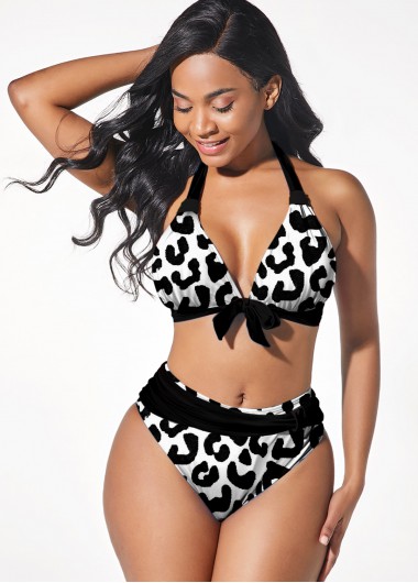 Halter Mid Waist Black Cow Print Bikini Set