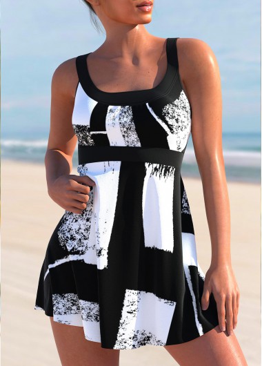 Cross Strap Geometric Print Black Swimdress Top