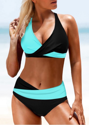 ROTITA Patchwork Cyan Mid Waisted Bikini Set