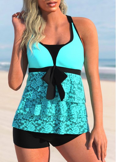 Lace Stitching Cyan Layered Hem Tankini Top