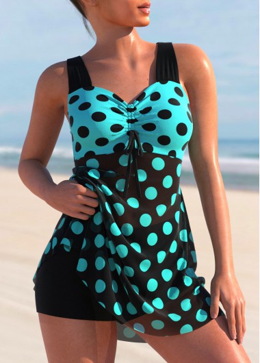 ROTITA Cyan Polka Dot Cross Strap Swimdress Top