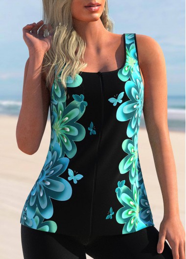 Butterfly Print Cyan Wide Strap Tankini Top