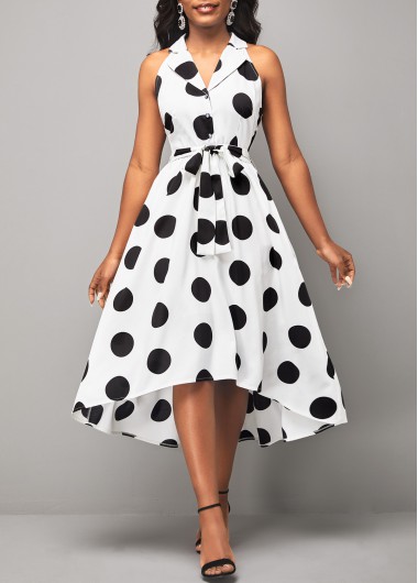 ROTITA Turndown Collar Belted Polka Dot White Dress