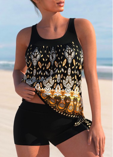 ROTITA Tribal Print Black Wide Strap Tankini Top
