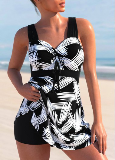 Printed Cross Strap Black Swimdress Top