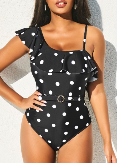 Polka Dot Flounce Asymmetric Design Black One Piece Swimwear