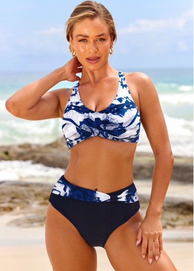 ROTITA Tie Dye Print Front Cross Navy Blue Bikini Set