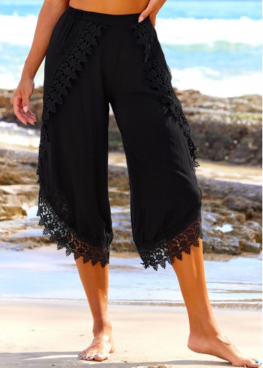 High Waisted Lace Stitching Black Beach Pants