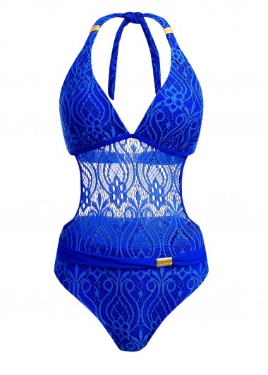 ROTITA Sheer Halter Lace Royal Blue One Piece Swimwear