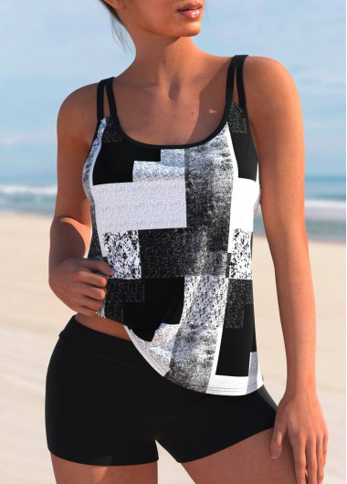 White Geometric Print Wide Strap Tankini Top