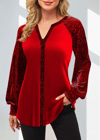 Leopard Velvet Stitching Split Neck Red Valentines Blouse