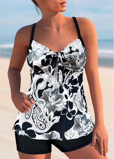 White Paisley Print Bowknot Tankini Set