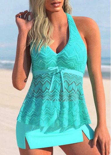 Cyan Lace Patchwork Bowknot Tankini Set