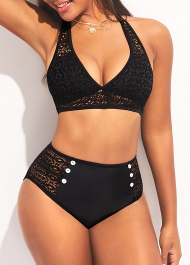 High Waisted Halter Hollow Out Black Bikini Set