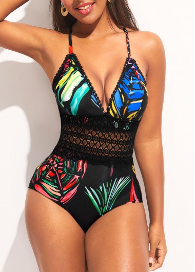 Spaghetti Strap Black Lace Patchwork One Piece Swimwear