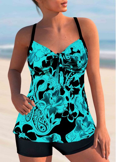 Paisley Print Bowknot Cyan Tankini Set