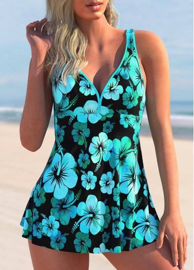 Blue Floral Print Wide Strap Swimdress Top