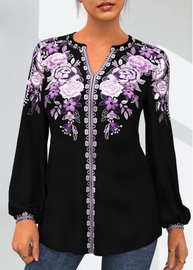Purple Tribal Floral Print Split Neck Blouse