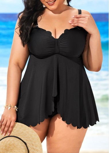 Black Plus Size Zigzag Hem Swimdress and Panty