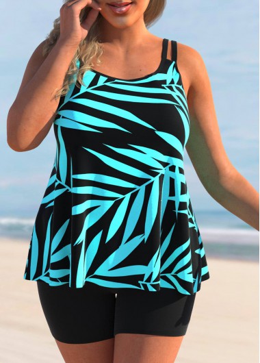 Cyan Plus Size Leaf Print Tankini Top