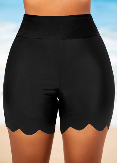 Wavy Hem Black High Waisted Swimwear Shorts