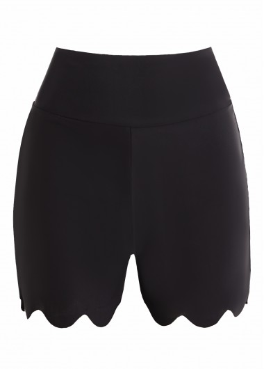 ROTITA Black Wavy Hem High Waisted Swimwear Shorts