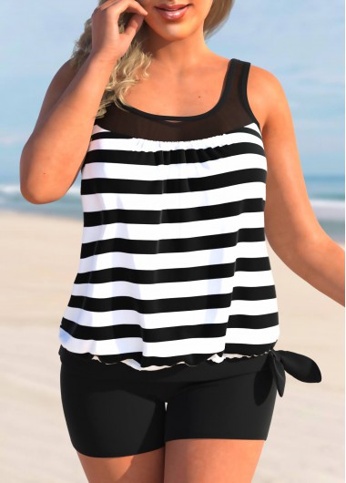 Striped Tie Side Plus Size Black Tankini Top